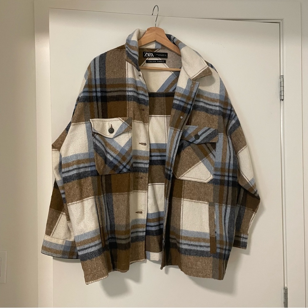 Zara Brown and Blue Plaid Utility Jacket